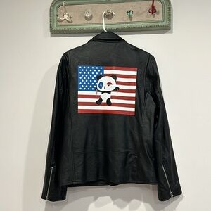 LFA NEW YORK FAUX LEATHER AMERICAN FLAG PANADA ART JACKET LARGE WOMENS BLACK